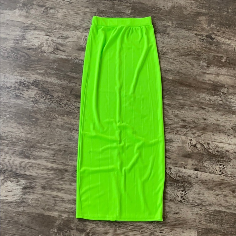 Neon green long skirt.